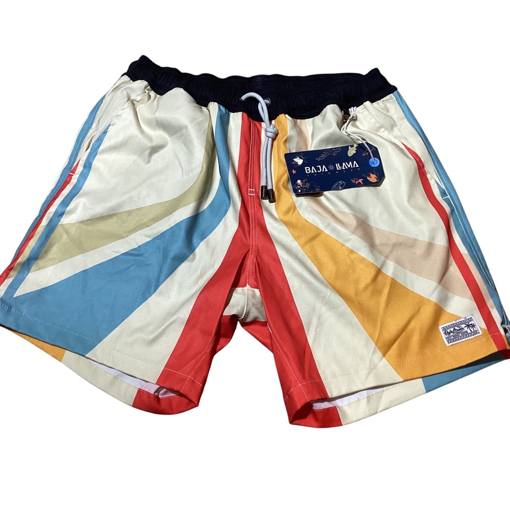 Baja Llama Mens Swim Trunks Retro‎ Striped Swimwear Beach Shorts - Size S - NWT